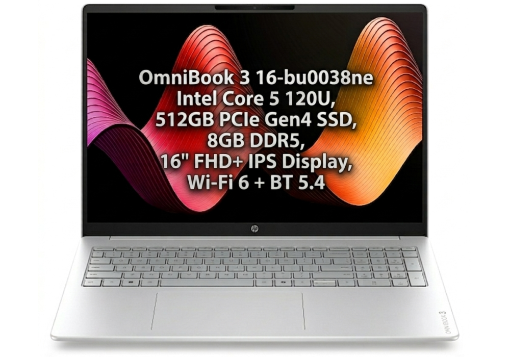 HP OmniBook 3 Laptop 16-bu0038ne - Intel Core 5 120U, 10 Cores, 512GB PCIe Gen4 SSD, 8GB DDR5, 16" FHD+ IPS Display, Wi‑Fi 6 + BT 5.4, Glacier Silver