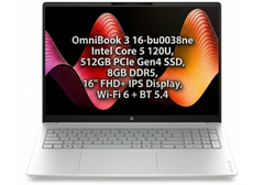 HP OmniBook 3 Laptop 16-bu0038ne - Intel Core 5 120U, 10 Cores, 512GB PCIe Gen4 SSD, 8GB DDR5, 16" FHD+ IPS Display, Wi‑Fi 6 + BT 5.4, Glacier Silver