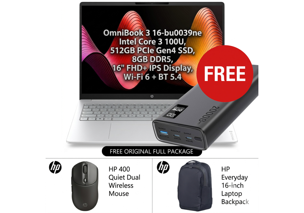 HP OmniBook 3 Laptop 16-bu0039ne Free Power Bundle, Intel Core 3 100U, 512GB SSD, 8GB DDR5, 16" FHD+ IPS, Wi‑Fi 6, BT 5.4 w/ 16" HP Backpack & HP 400 Quiet Dual Wireless Mouse, Promate Bolt-20PD Universal 20000mAh 20W Power Bank