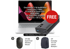 HP OmniBook 3 Laptop 16-bu0039ne Free Power Bundle, Intel Core 3 100U, 512GB SSD, 8GB DDR5, 16" FHD+ IPS, Wi‑Fi 6, BT 5.4 w/ 16" HP Backpack & HP 400 Quiet Dual Wireless Mouse, Promate Bolt-20PD Universal 20000mAh 20W Power Bank