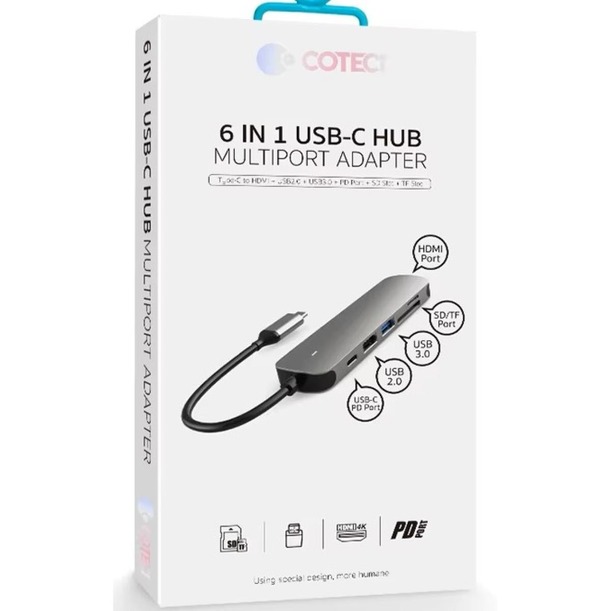 Coteci 6in1 Hub Type C Dp Usb 3.0 Usb 2.0 Hdmi Usb C 2.0 Sd Tf High Speed Card Reade Docking Station Gray - CompuMe