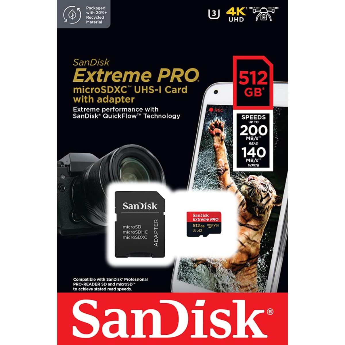 Sandisk Extreme Pro 512gb Microsdxc Uhs I V30 200mb/s Read 140mb/s Write Memory Card For 4k Video On Smartphones Aion Cams & Drones - CompuMe