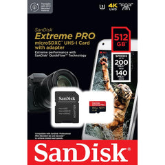 SanDisk Extreme Pro 512GB microSDXC UHS-I V30 200MB/s Read 140MB/s Write Memory Card for 4K Video on Smartphones Action Cams & Drones