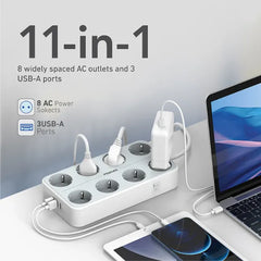 Promate PowerCord8EU- 8 Outlet Power Strip with 3 USB Ports, 3600W
