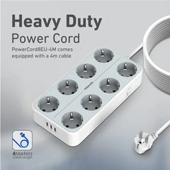 Promate PowerCord8EU- 8 Outlet Power Strip with 3 USB Ports, 3600W