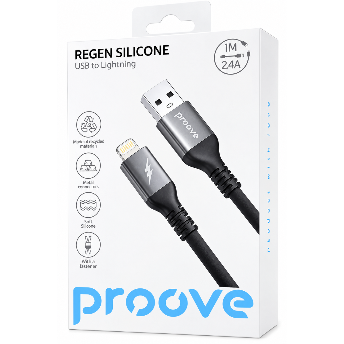 Proove Soft Silicone USB to Lightning Cable 2.4 A 1m Black