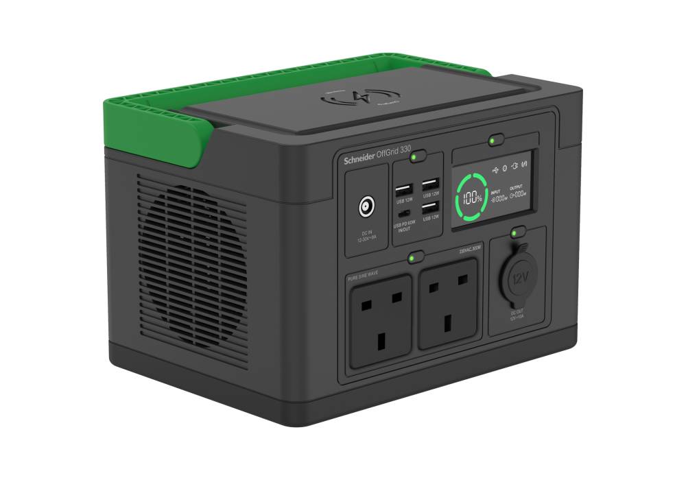 Schneider OffGrid Portable Power Station 330, 230V, 332Wh Lithium-ion, LCD, 2 BS1363 UK outlets, Sinewave, 3 USB-A, 1 USB-C, Wireless Charger