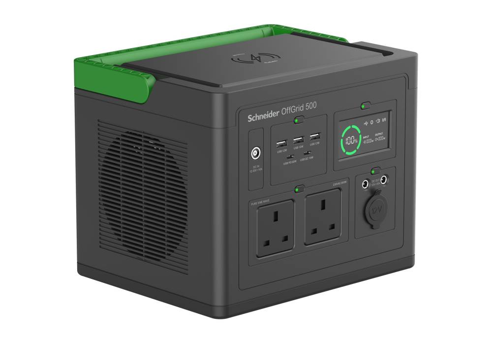 Schneider OffGrid Portable Power Station 500, 230V, 517Wh Lithium-ion, LCD, 2 BS1363 UK outlets, Sinewave, 3 USB-A, 2 USB-C, Wireless Charger