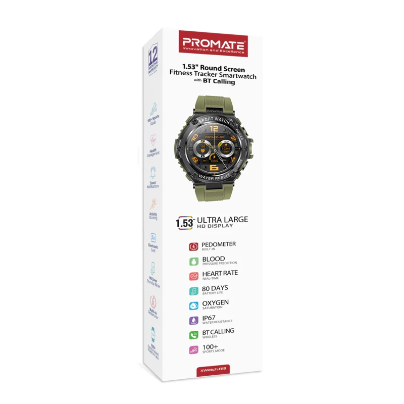 Promate XWatch 1.53" Round Screen Fitness Tracker Smart watch with BT Calling - Green