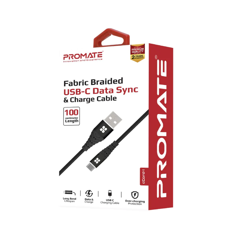 Promate CCORD-1 Fabric Braided USB-C Data Sync & Charge Cable
