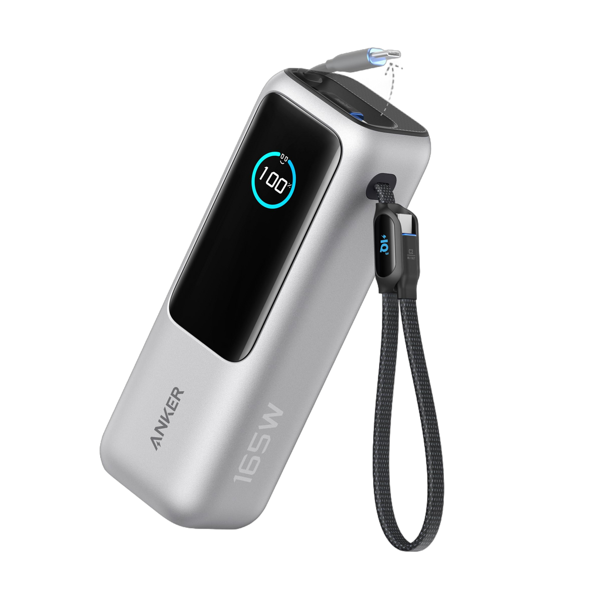 ANKER POWER BANK 25K 165W BUILT IN USB-C AND RETRACTABLE CABLE SILVER