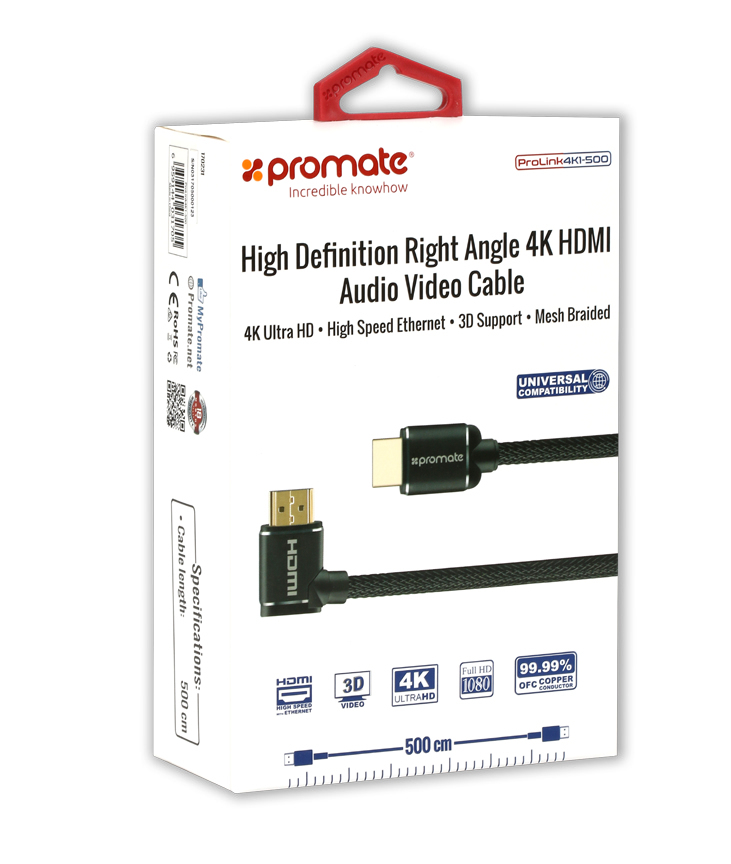Promate PROLINK4K1-500 High Definition Right Angle 4K HDMI Audio Video Cable