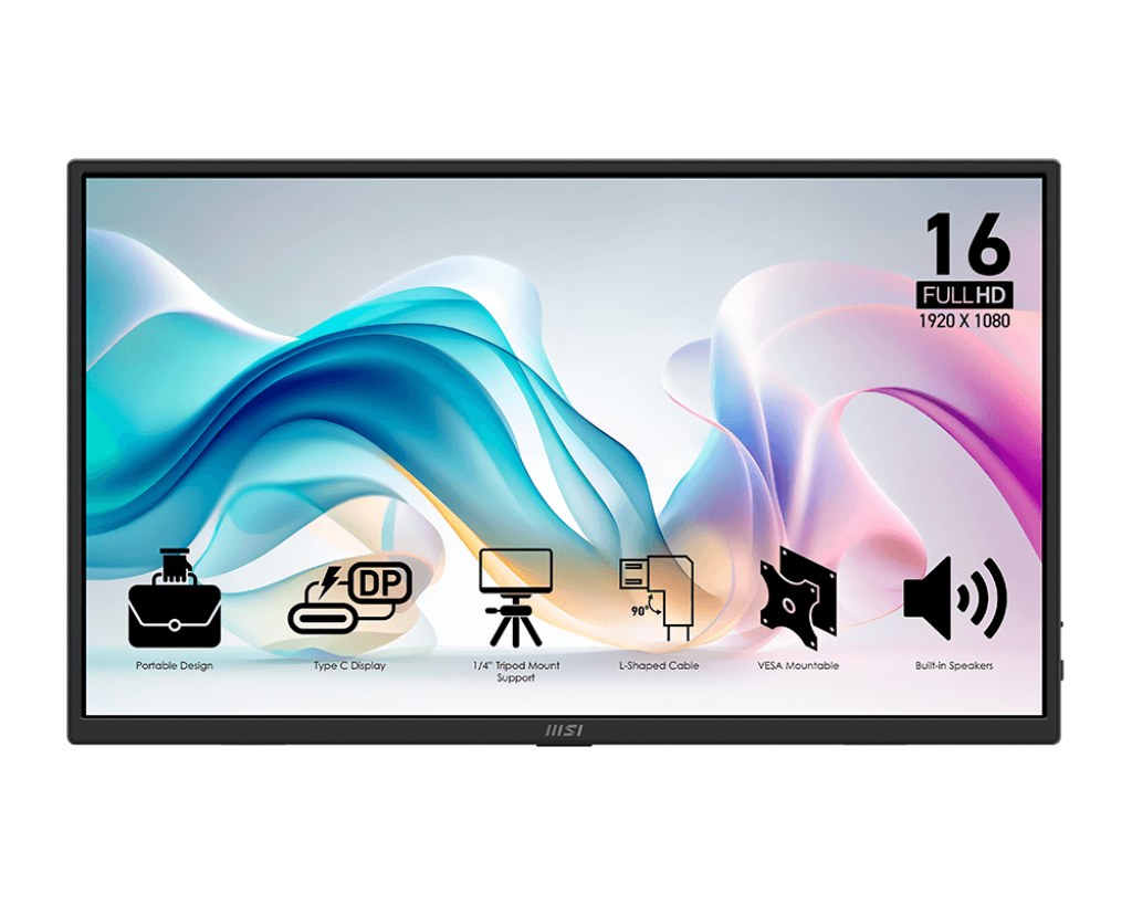 MSI PRO MP165 E6 15.6" FHD IPS Portable Monitor – USB-C, HDMI 2.0b, Built-in Speakers, Black