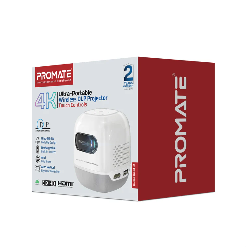 Promate CubeCast-2 Ultra-Portable 4K Wireless DLP Projector with Touch Controls