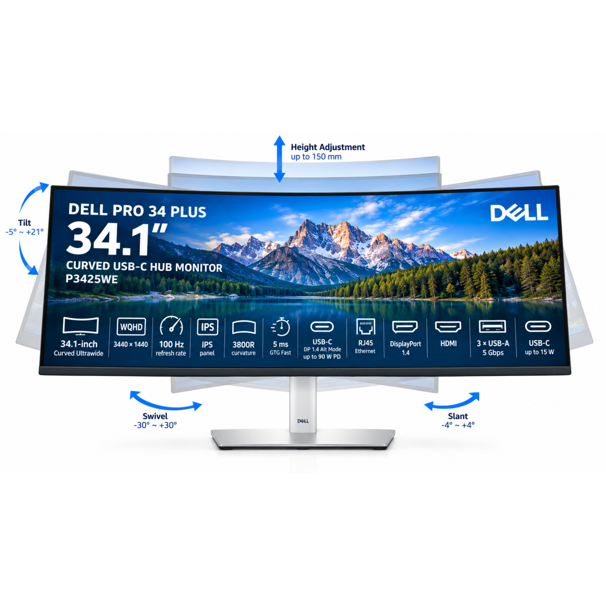 Dell Pro 34 Plus P3425WE 34” 2K IPS Ultrawide Curved 3800R 100Hz Extensive Connectivity ( Display Port , HDMI , USB C , RJ45 Ethernet )