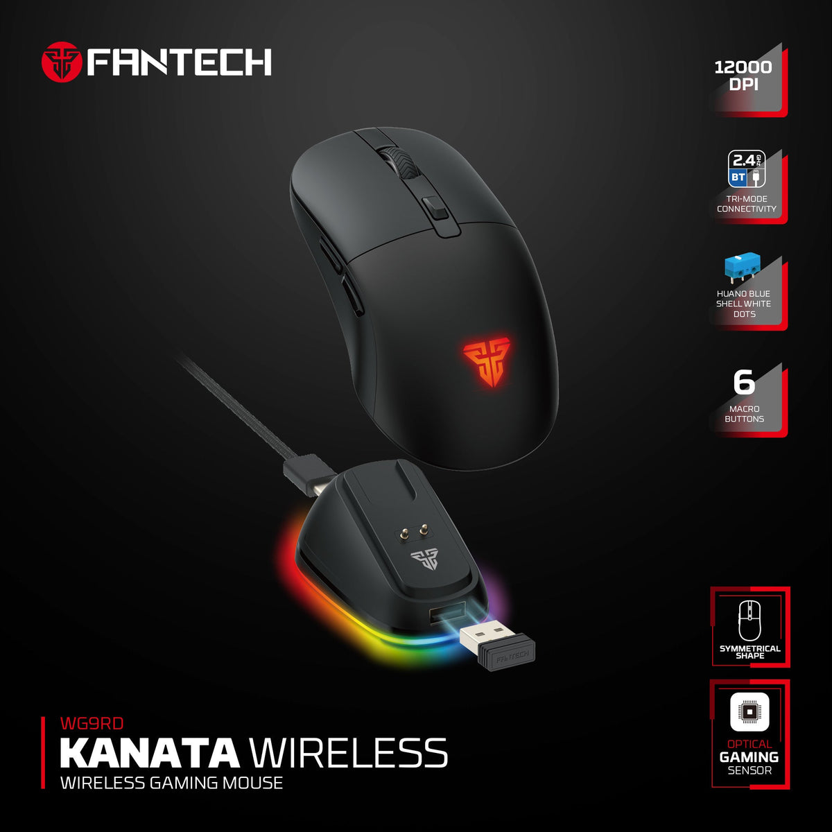 FANTECH WG9RD Wireless Gaming Mouse with Charging Magnetic Base Three Mode 12000DPI Customized E-sports Gamer Mouse