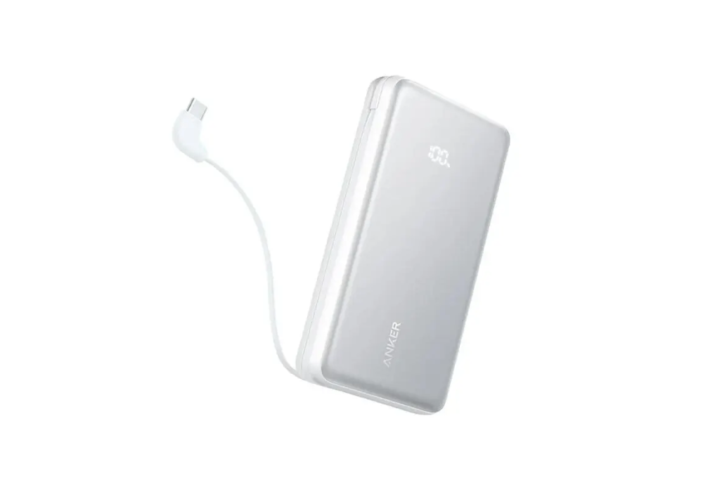 Anker Zolo Power Bank – 20,000mAh High‑Capacity, 22.5W Fast Charging, Built‑In 7‑Inch USB‑C Cable, Pass‑Through Charging, Compact Sleek Design, White - 18 Month Warranty