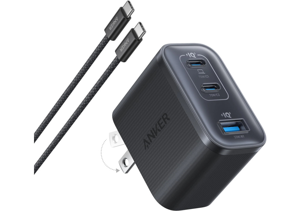 Anker Nano Charger – 70W GaN Dual‑Chip, 3 Ports (2× USB‑C, 1× USB‑A), TÜV Certified, ActiveShield 4.0 Cooling, Compact Travel‑Friendly Design - 18 Months Warranty
