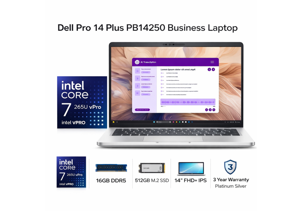 Dell Pro 14 Plus PB14250 Business Laptop, Intel Core Ultra 7 265U vPro, 16GB DDR5, 512GB M.2 SSD, 14" FHD+ IPS, 3 Year Warranty - Platinum Silver