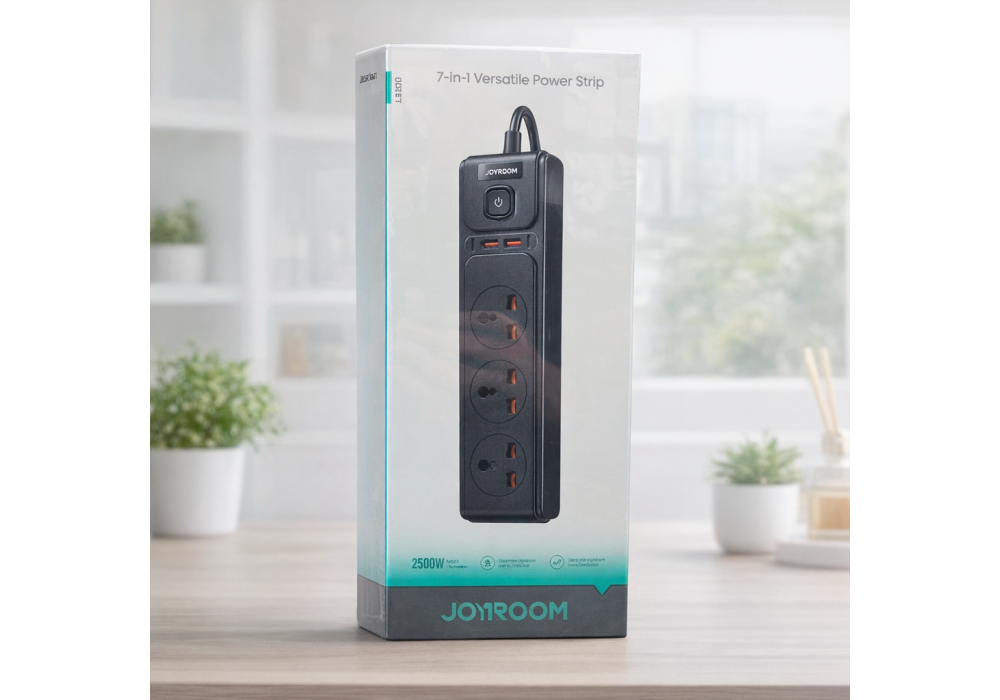 JOYROOM 7-in-1 Versatile Power Strip (JR-TE1) – 2500W, 3 Universal AC Outlets, 4 USB Ports (20W PD/QC Fast Charging), 2m Extension Cord – Black