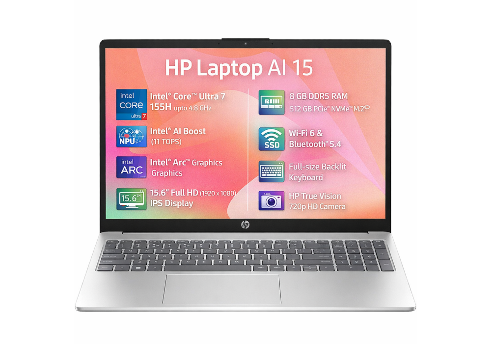 HP AI Business Laptop 15-fd1062ne, Intel Ultra 7 155H 4.8GHz 16 Cores, Intel Arc Graphics, 8GB DDR5, 512GB PCIe SSD, 15.6" FHD, WiFi 6, BT 5.4 - Natural Silver