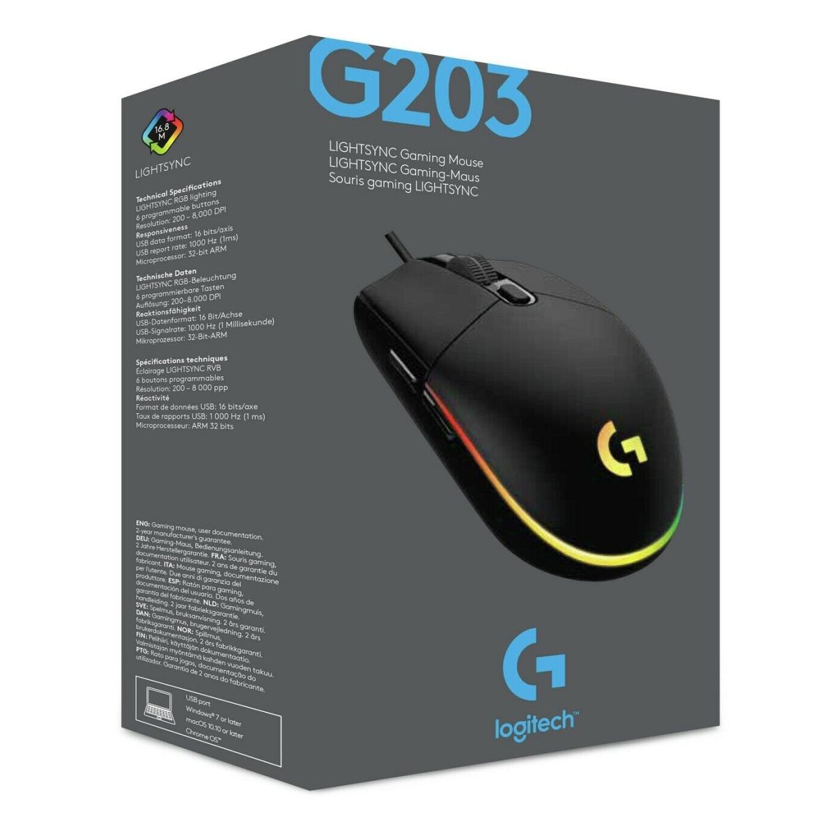 Logitech G203 Wired Gaming Mouse, 8,000 DPI, Rainbow Optical Effe LIGHTSYNC RGB, 6 Programmable Buttons, On-Board Memory, Screen Mapping, PC/Mac Computer and Laptop Compatible - Black