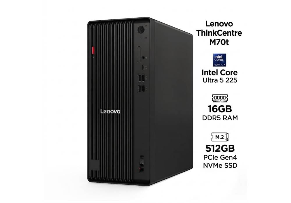 Lenovo ThinkCentre M70t Gen 5 Tower (12YM000DEQ), Intel Core Ultra 5 225, 16GB DDR5 RAM, 512GB NVMe SSD, Wi-Fi 6E, Black, 3 Year Warranty