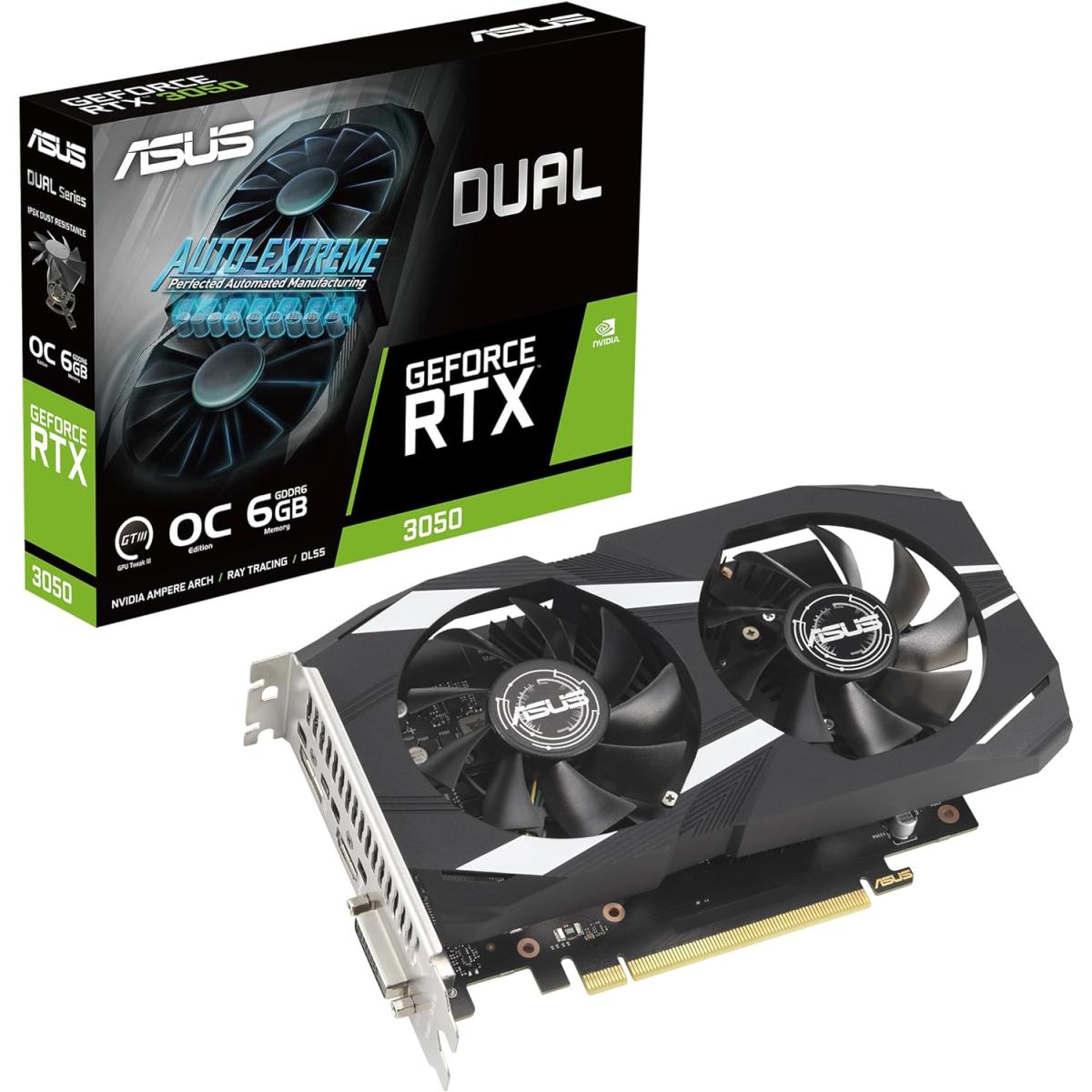 ASUS Dual GeForce RTX 3050 6GB GDDR6 OC Edition Axial-tech Fan Design 0dB Technology Steel Bracket