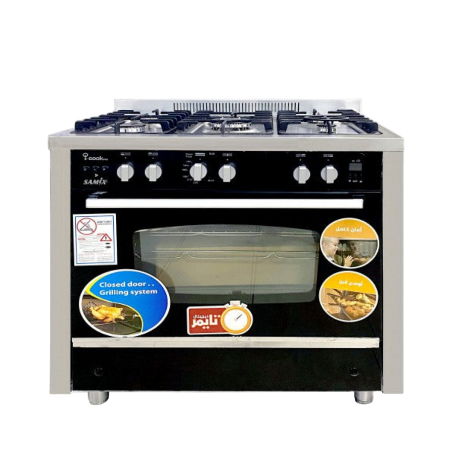 Samix Cooker Pro Gas, 90*60Cm, 5Burners, Stainless Steel - C6090SS-2SC-511-IDSP-AL