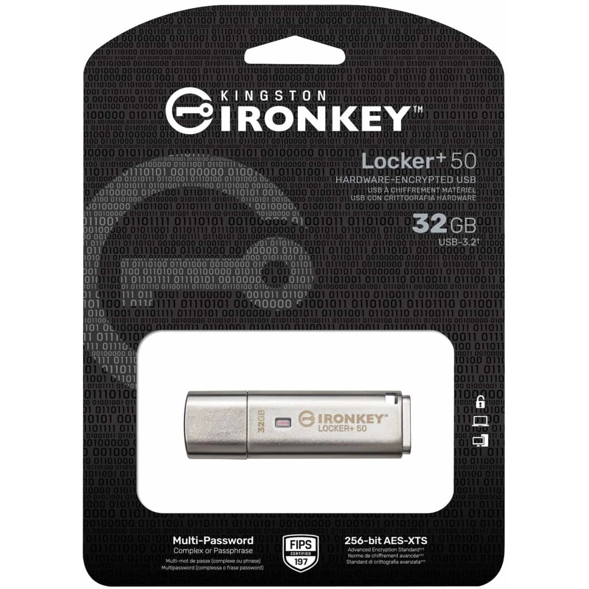 Kingston Ironkey Locker+ 50 256GB Encrypted Flash Drive USB 3.2 XTS-AES Protection Multi-Password Security Options Automatic Cloud Backup Metal Casing