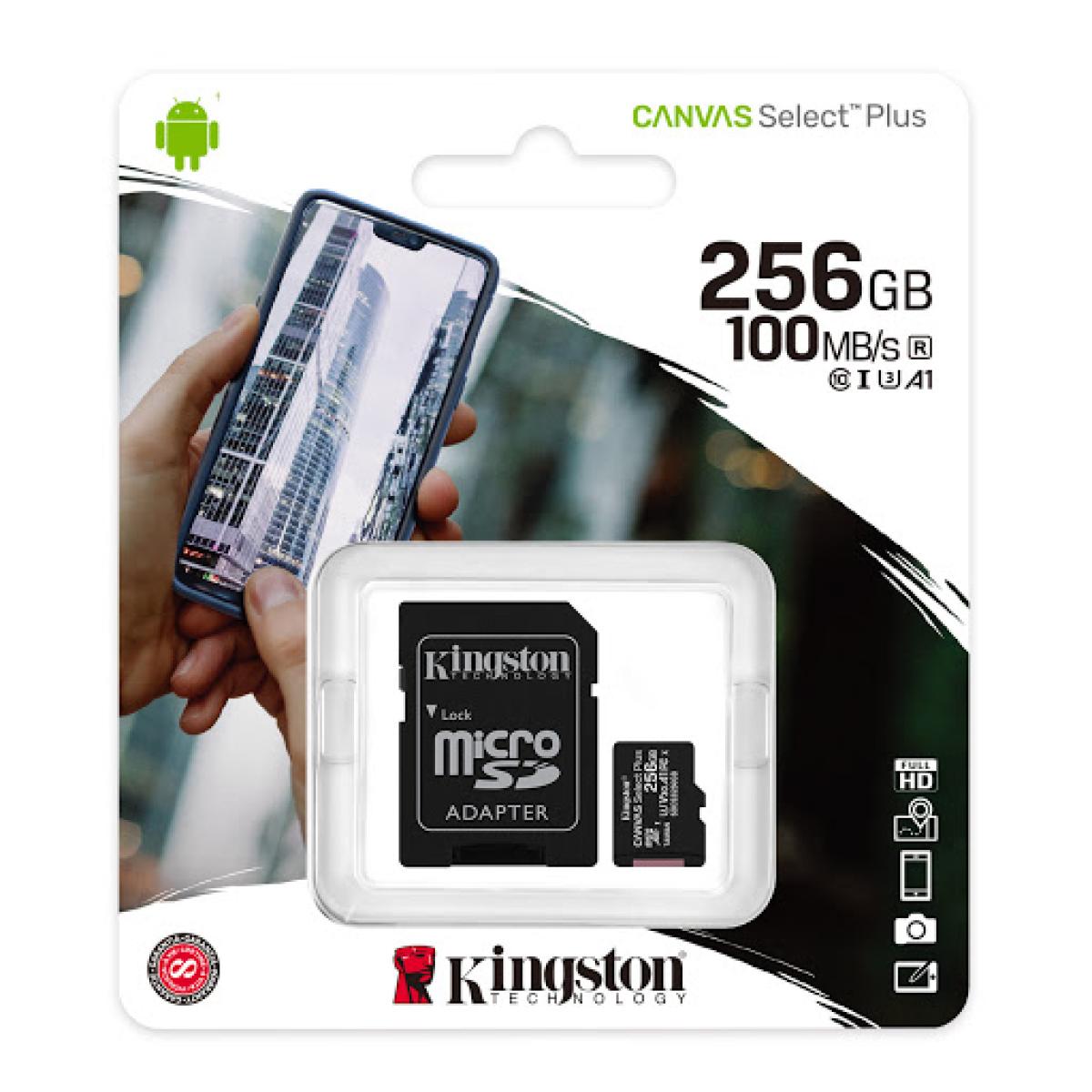 Kingston 256gb Canvas Sele Plus Microsdxc Card Up To 100mb/s A1 Class 10 Uhs I With Adapter - CompuMe