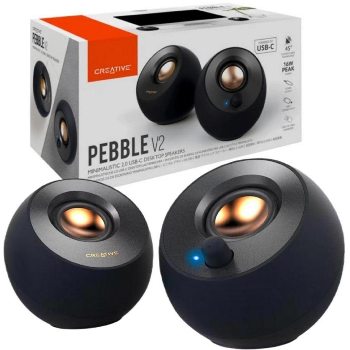 Creative Pebble V2 Minimalistic 2.0 Usb C Powered 3.5 Mm Aux In Up To 8w Rms Type A Adapter Included & Extended Cable Black - CompuMe