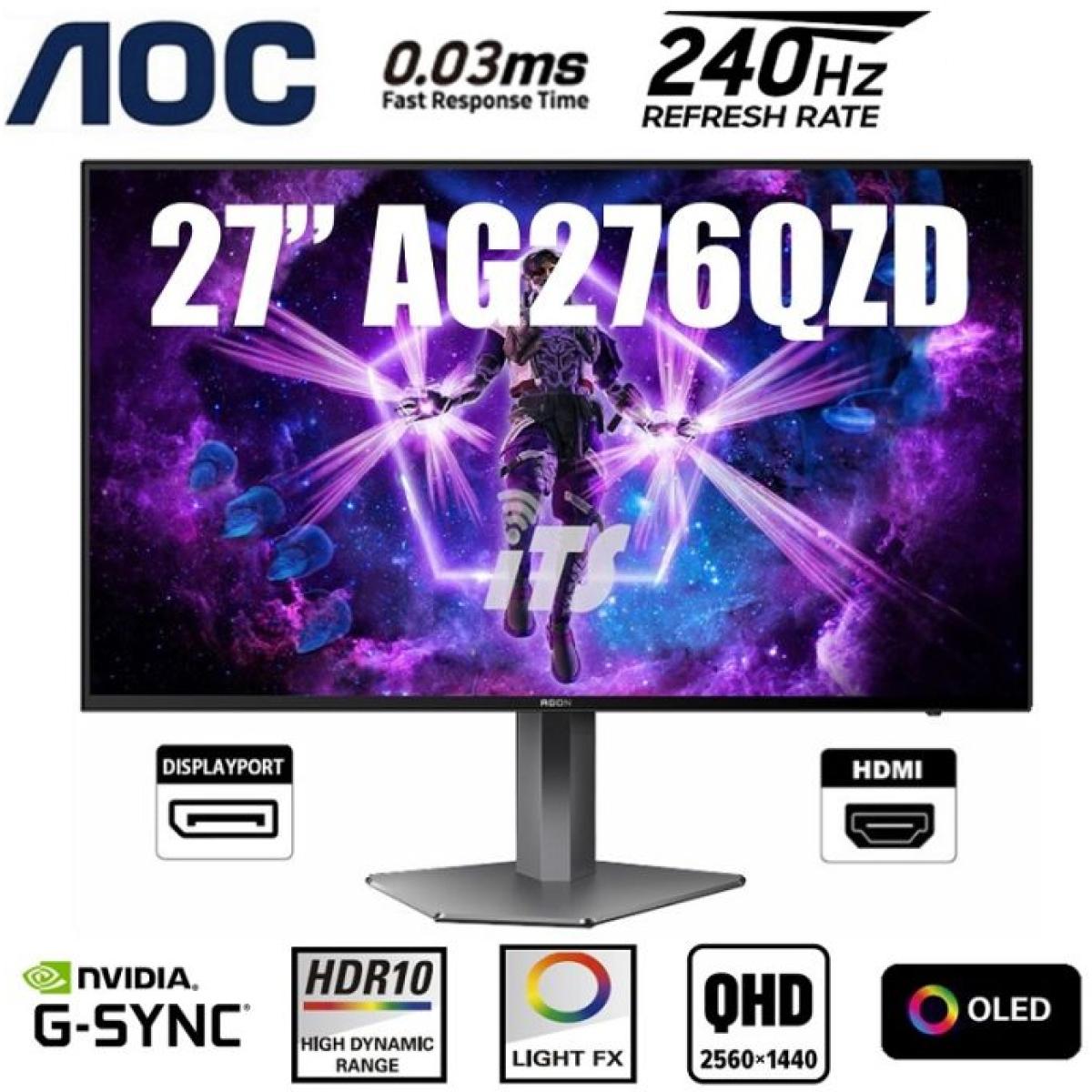 AOC AG276QZD 27" OLED 2K QHD 240Hz 0.03ms HDR10 sRGB 137% 1.07Billion Color G-SYNC Compatible Adjustable Stand w/ HDMI 2.0 & DisplayPort & Speakers
