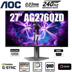 AOC AG276QZD 27" OLED 2K QHD 240Hz 0.03ms HDR10 sRGB 137% 1.07Billion Color G-SYNC Compatible Adjustable Stand w/ HDMI 2.0 & DisplayPort & Speakers