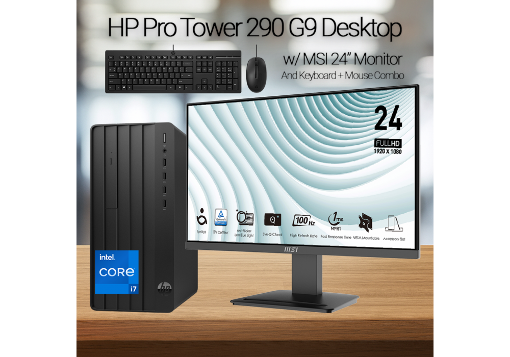 PC HP Pro Tower 290 G9 Desktop Intel® Core™ i7-13700, 16 GB DDR4-3200 MHz (Customized), 512 GB SSD (Wireless- Bluetooth Integrated) + MSI 24" 100Hz, AMD Free Sync with 1xHDMI, 1xDisply Port Bundle