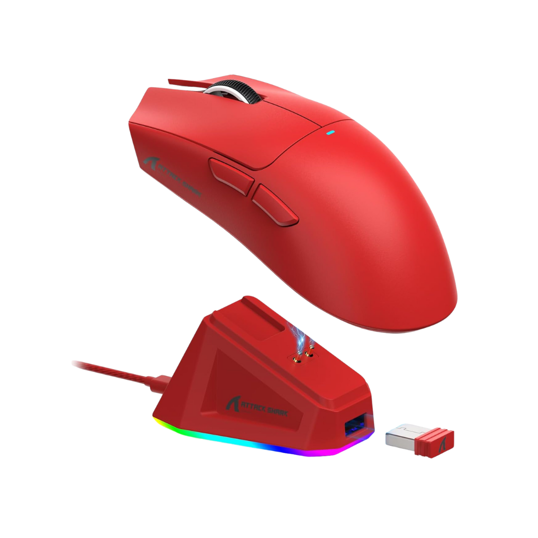 ATTACK SHARK X11 Lightweight Wireless Gaming Mouse with RGB Charging Dock,Tri-Mode-2.4G/USB-C Wired/BT,22K DPI,PAW3311 Optical Sensor,HUYU Switch, 5 programmable Buttons for PC/Mac(Red)