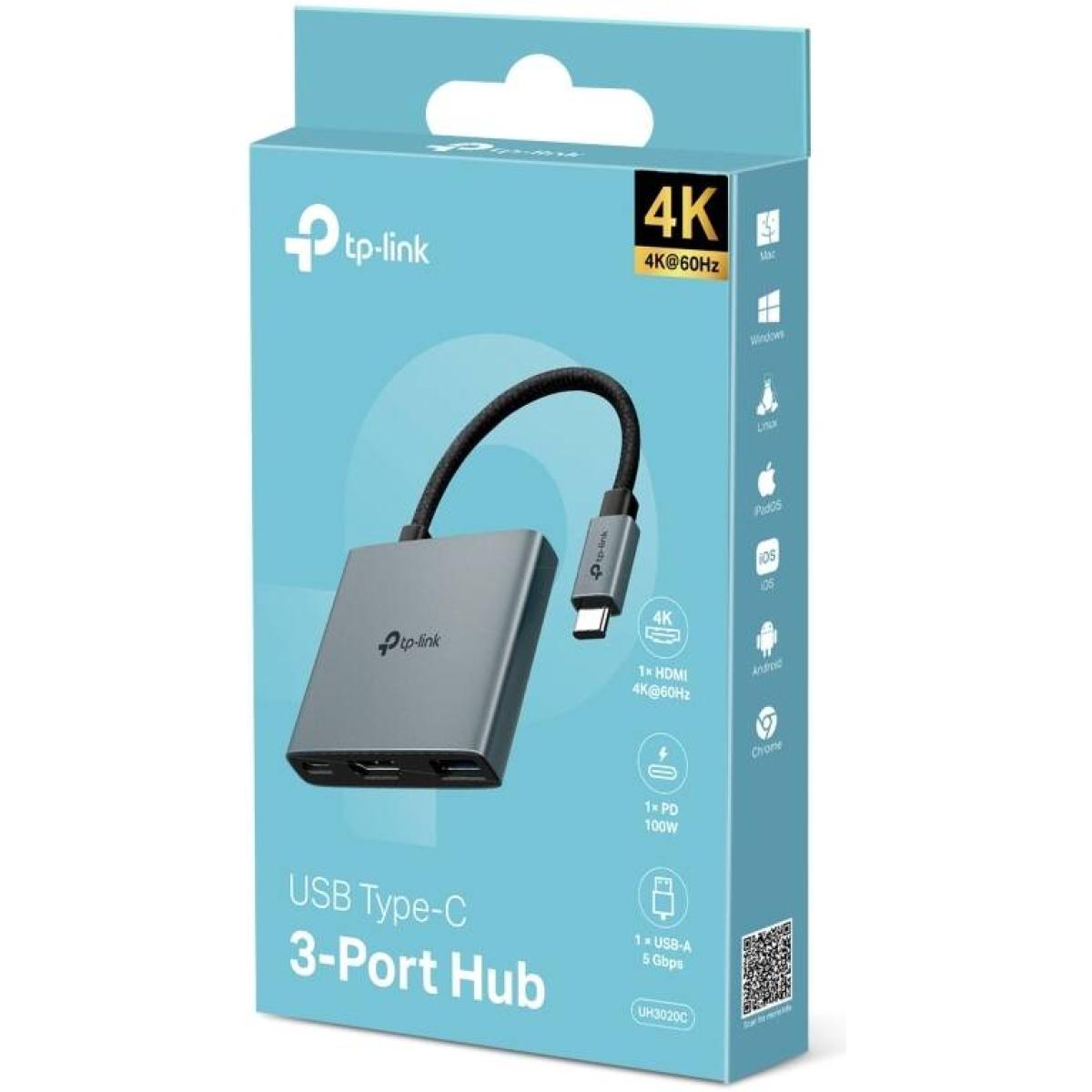 Tp Link Uh3020c Usb Type C 3 In 1 Hub, Usb 3.0, 5gbps Data Transfer, Usb A, Hdmi 4k@60hz, 100w Pd 3.0 Fast Charging, Expand Conneions, Self Storage, Braided Cable, Plug&play, Easy To Use - CompuMe
