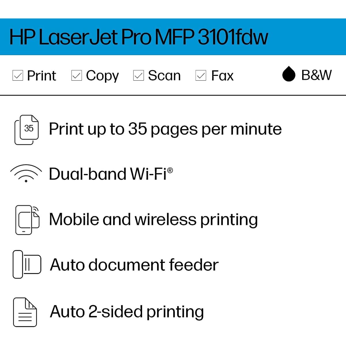 HP LaserJet Pro MFP 3103fdw Mono Laser Multifunction 4-In-One Printer Wireelss , Duplex & Auto Feeder - White HP LaserJet Pro MFP 3103fdw Mono Laser Multifunction 4-In-One Printer Wireelss , Duplex & Auto Feeder - White