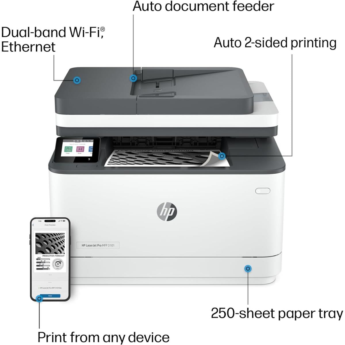 HP LaserJet Pro MFP 3103fdw Mono Laser Multifunction 4-In-One Printer Wireelss , Duplex & Auto Feeder - White HP LaserJet Pro MFP 3103fdw Mono Laser Multifunction 4-In-One Printer Wireelss , Duplex & Auto Feeder - White