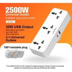 LDNIO SC3317 Plug Expansion Socket with USB Wall Plug Adapter 3 Way 1 to 3 Power Expansion Adapter