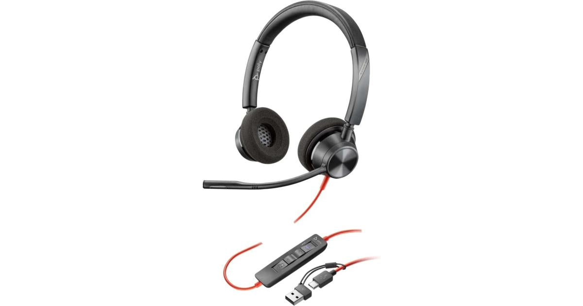 Poly Blackwire 3320 Wired Dual-Ear Boom Mic USB-C Headset + USB-C/A Adapter Noise-Canceling Mic.