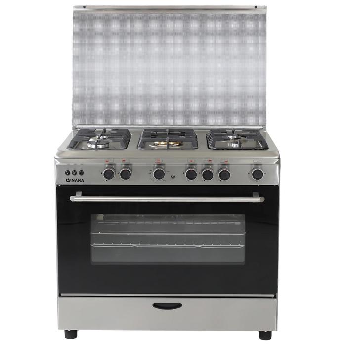Nara Gas Cooker, 90Cm, 5Burners, Cast iron with 2 Fans, Stainless Steel - NAXM 9011