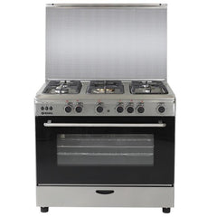 Nara Gas Cooker, 90Cm, 5Burners, Cast iron with 2 Fans, Stainless Steel - NAXM 9011