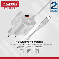 Promate PowerPort-PDQC3 USB-C Charger Premium 33W with 22.5W Quick Charge 3.0 Port & 1.5M Type-C Cable EU Interface - White
