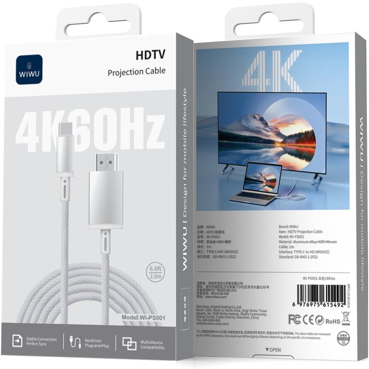 WiWU Wi-PS001 4K 60Hz USB-C to HDMI Projection Cable 2m - White