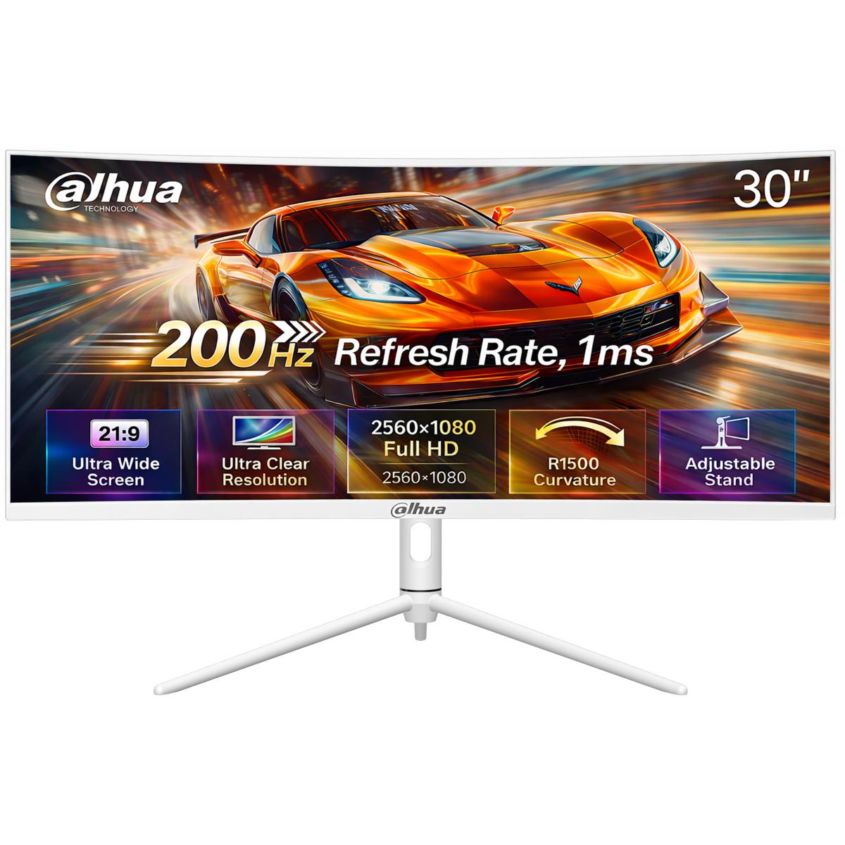 Dahua LM30-E330CW Gaming Curved Monitor, 30" WFHD VA , 200Hz Refresh Rate, 1ms (MPRT) , 1500R Curvature, Adaptive-Sync Technology, w/ 2x HDMI & 2x Display Ports , White