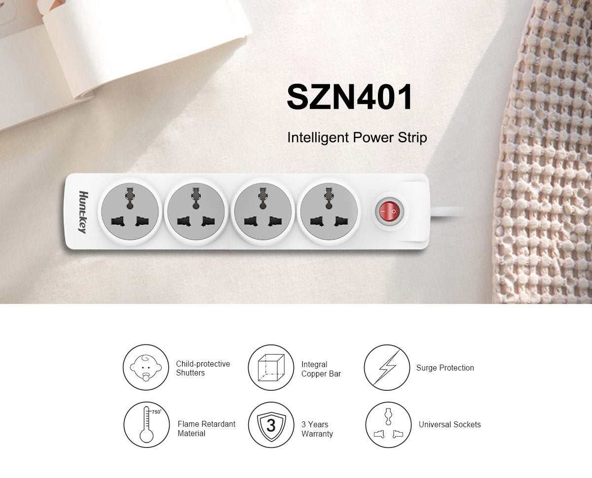 Huntkey SZM401 Universal Power Strip 4x Outlet AC 220-240V Surge Protector 1.5M - White Huntkey SZM401 Universal Power Strip 4x Outlet AC 220-240V Surge Protector 1.5M - White