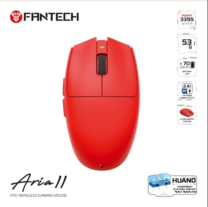 FANTECH ARIA XD7V2 Wireless Gaming Mouse, 53g Ultra-Lightweight HUANO Switches, Ambidextrous Egg Shape 5 Programmable Buttons, Red - CompuMe