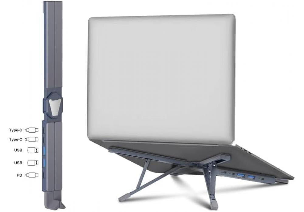 Portable Laptop Stand with Hidden Docking Station - Adjustable, Foldable, USB-C Ports, USB PD - Enhance Your Workstation Today, Grey