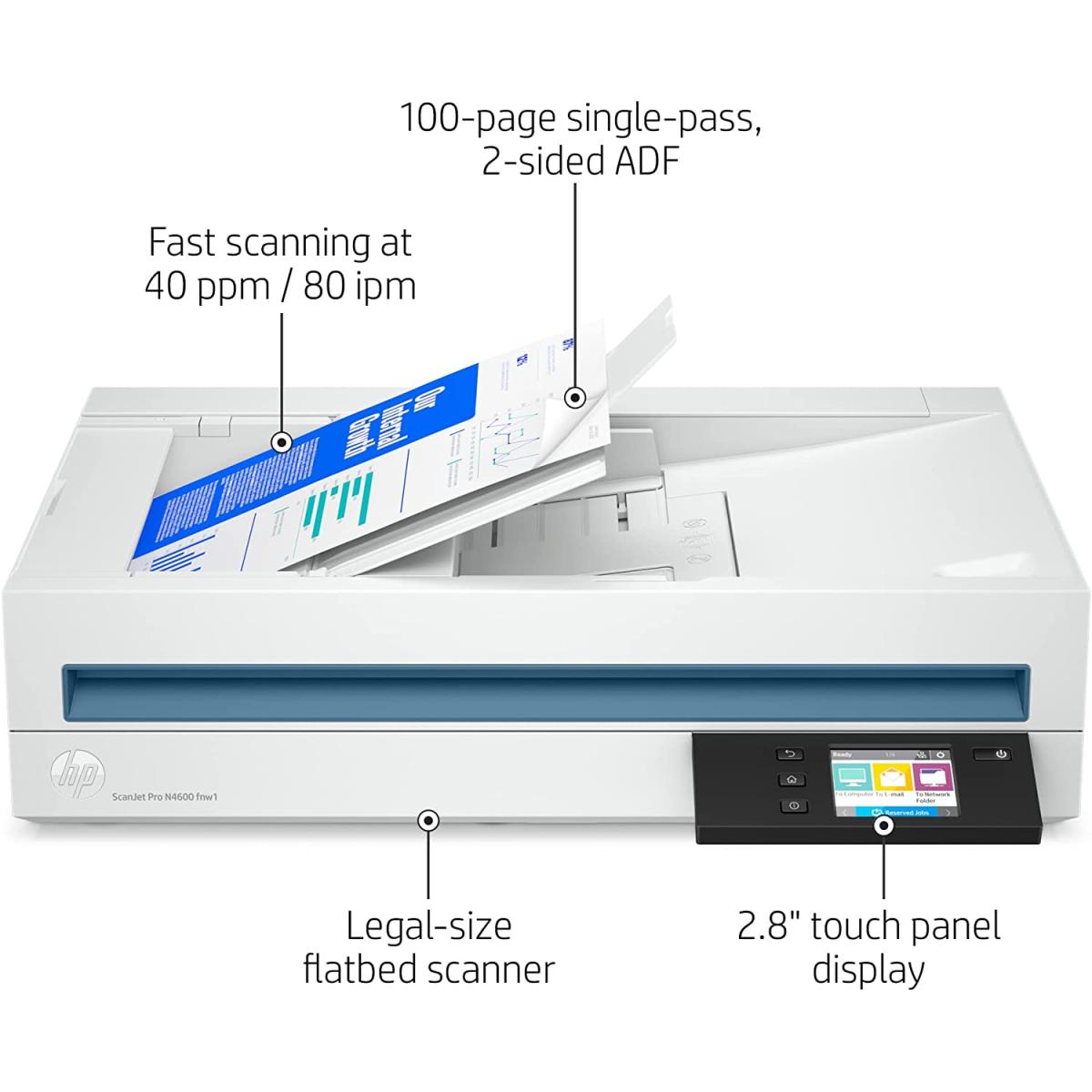 Hp Scanjet Pro N4600 Fnw1 Flatbed Scanner, Up To 1200 Dpi Scan Resolution, 100 Sheets Document Feeder Capacity, 6000 Pages Duty Cycle, Wi Fi / Usb / Ethernet Conneivity, White Hp Scanjet Pro N4600 Fnw1 Flatbed Scanner, Up To 1200 Dpi Scan Resolution, 100 Sheets Document Feeder Capacity, 6000 Pages Duty Cycle, Wi Fi / Usb / Ethernet Conneivity, White
